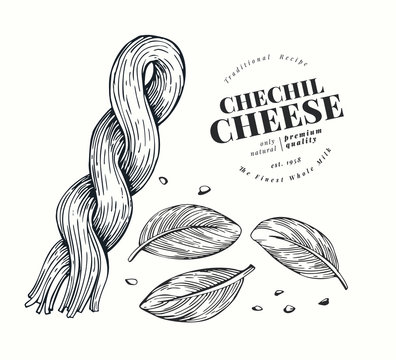 Armenian cheese illustration. Hand drawn vector dairy illustration. Engraved style cheese pigtail. Vintage chechil illustration.