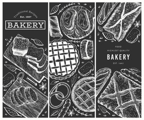 Bread and pastry banners set. Vector bakery hand drawn illustration on chalk board. Vintage design template.