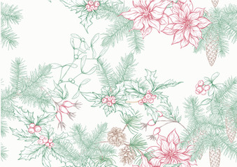 Fototapeta na wymiar Christmas wreath of spruce, pine, poinsettia, dog rose, mistletoe, fir. Seamless pattern, background. Graphic drawing engraving style vector illustration
