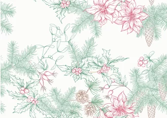 Fototapeten Christmas wreath of spruce, pine, poinsettia, dog rose, mistletoe, fir. Seamless pattern, background. Graphic drawing engraving style vector illustration © Elen  Lane