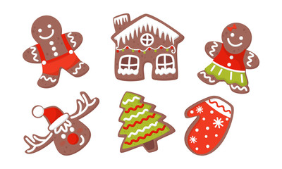 Set Of Christmas Decorated Gingerbread Cookies Vector Illustration