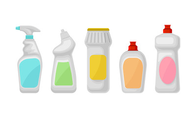Plastic Bottles For Household Chemistry In A Row Vector Illustration Set