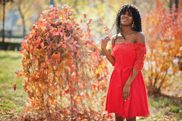 Stylish trendy afro france curly woman posed at autumn day in red dress. Black african female model.