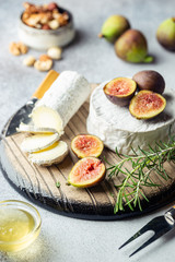 Fototapeta na wymiar Fresh goat brie cheese with truffle and white mold on cheese platter with figs and honey