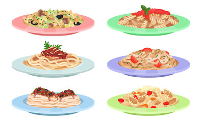 Pasta Dishes Served On Flat Plates Vector Set