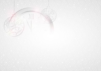 New Year white sparkling background. Elegant Christmas silver background with Silver glitter balls and clock.  Vector illustration.