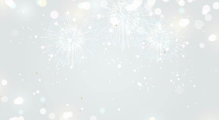 Festive background with fireworks and lights in silver colors. Vector illustration