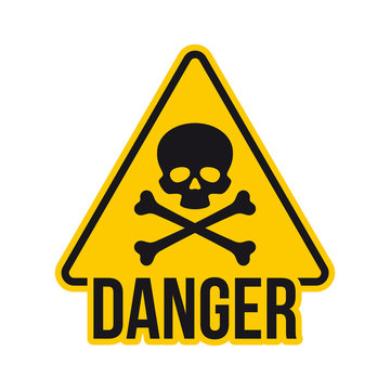 Vector yellow hazard warning symbol of death with text danger. Isolated on white background.