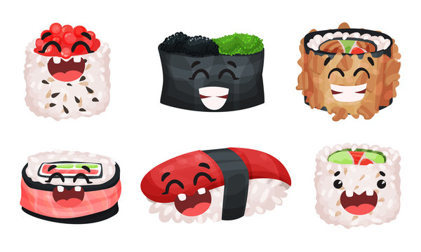 Smiling and Laughing Maki Vector Set. Traditional Japanese Food Collection