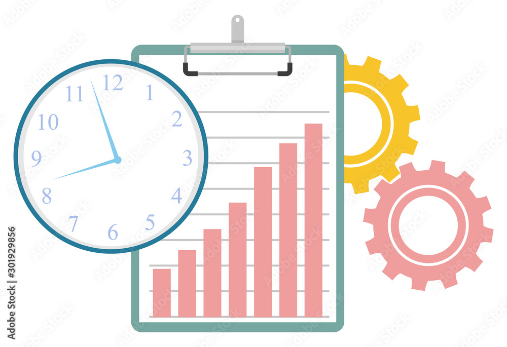 Poster cogwheels gears and tools for work optimization, isolated clipboard with growing chart. time managem