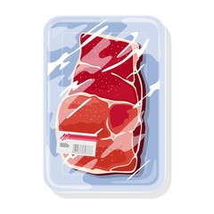 Frozen raw beef steak is on plastic tray under transparent food saran wrap. Meat product for barbeque, frying, roasting, grilling, boiling, baking. Vector cartoon illustration isolated on white.