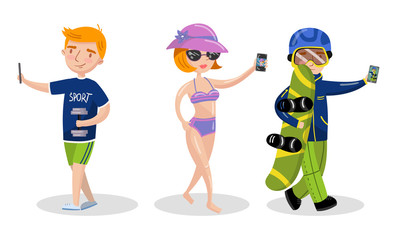 People Taking Selfie Photo on Smartphones Vector Set