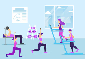 Cartoon Color Characters People and Fitness Gym Concept. Vector