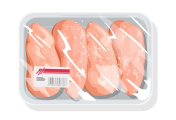 Frozen boneless chicken breasts, poultry fillet on plastic tray covered with transparent kitchen film, clingfilm. Ingredient for homemade ground meat, patties. Vector cartoon illustration on white.