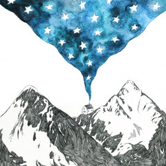starry night - mountain landscape pencil and watercolor drawing