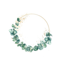 Wedding floral watercolor style eucalyptus tree branches. Postcard save the date design template. © cosmicanna