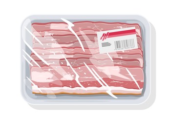 Smoked bacon, ham is on plastic tray covered stretch food wrapper, clingfilm with label. Vacuum-packages gammon, gigot, silverside. Meat snack. Vector cartoon mockup isolated on white background.