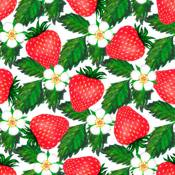 Strawberry watercolor seamless pattern. Watercolor illustration with colorful strawberries. Seamless watercolor pattern for print design. Colorful wallpaper. Isolated illustration. White isolated