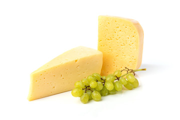 Cheese and green grape isolated on white background.