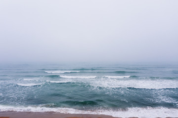 Ocean shore, white waves in the fog