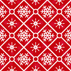 Vector seamless winter pattern; white geometric snowflakes on red background for greeting card, gift box, wallpaper, fabric, wrapping paper, web design.