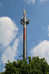 Communications tower with blue Cloud sky background