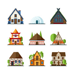 Fototapeta na wymiar Traditional house. Indian asian rural buildings europe and african constructions vector flat houses. Igloo facade building, model different home for town illustration