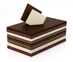 Chocolate cake slice with multiple layers. 3D illustration