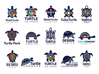 Turtle symbols. Business logo wild sea animals tortoise vector colored stylized pictures collection. Animal turtle company logo, sea tortoise illustration