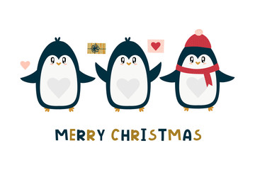 Fototapeta premium Cute cartoon penguins vector prints, winter holidays. Ideal for children’s books, cards, apparel and cloth.