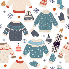 Warm winter knitted sweaters. Pattern vector background.