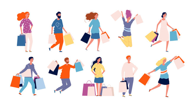 Shopping people. Male and female person buying products in market place vector shopper characters collection. Illustration buyer shopaholic, woman do shopping