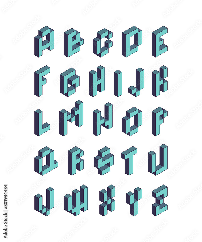 Poster pixel font. isometric video game alphabet retro style 90s cubic letters vector 3d. pixel game alphab
