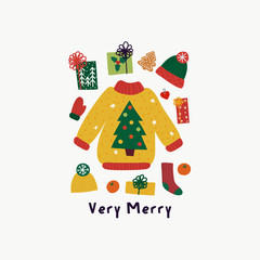 Merry Christmas vector print. Warm knitted sweater, hat, scarf and mittens, decorated tre