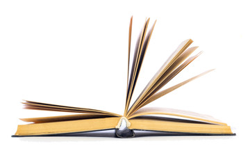 open book with yellowed sheets on the white background side view