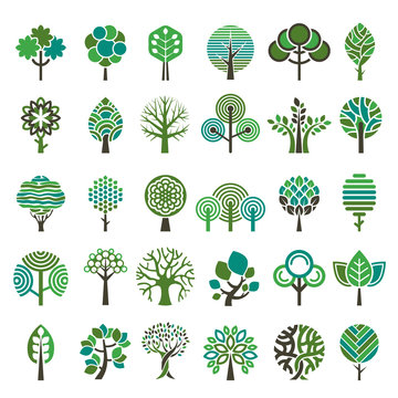 Logo tree. Eco nature wood trees stylized emblems or badges vector collection. Illustration stylized logo tree, emblem badge tree