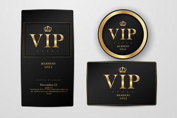 VIP party premium invitation cards posters flyers. Black and golden design template set.