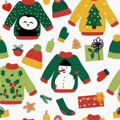 Warm Christmas knitted sweaters, hats and gifts pattern vector background.