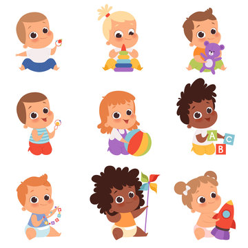 Baby playing. Cute little kids newborn 1 years baby characters eating and sitting with toys happy childhood vector cartoon. Illustration newborn playing with rocket and cubes