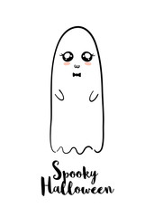 Cute ghost with face. Spooky Halloween greeting card on Halloween. .