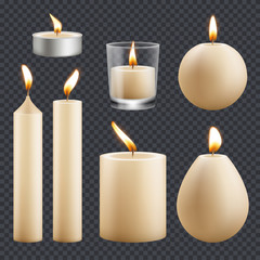 Fototapeta na wymiar Candles collection. Decorative birthday celebration wax candles flame different types vector realistic pictures. Candle realistic for religion or decorative birthday illustration