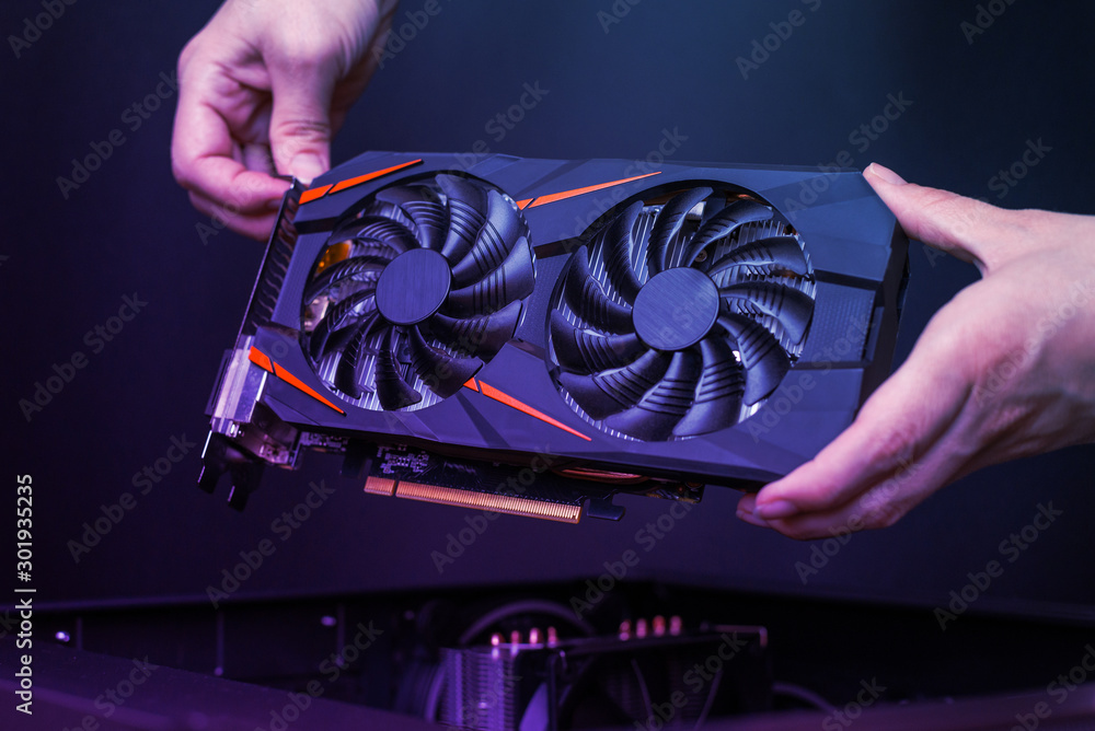 Fototapete Mounting a modern graphic card to gaming computer. High performance graphics card with two coolers. The hands place the card in the computer case.