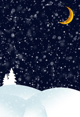 Magic greeting card with winter night, Christmas trees, moon, snowdrifts and snowfall. Copy space. Spruce trees silhouette against the night sky.
