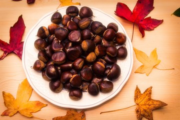 plate of chestnuts on wooden background and leaves