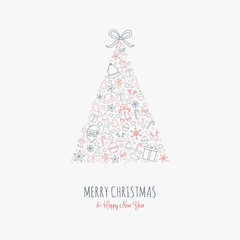 Fototapeta na wymiar Christmas postcard with festive tree and greetings. Vector