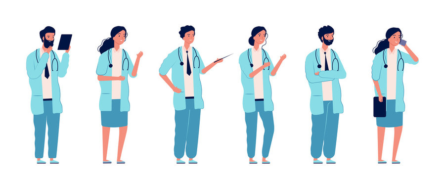 Doctors at work. Medical person health care managers standing group nurses surgeon and pharmacist in hospital vector flat characters. Illustration medical profession, doctor practitioner pharmacist