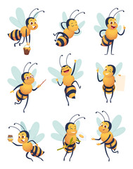 Honey bee. Cartoon characters flying nature insect in different poses delivery bee vector mascot. Flying bee insect, mascot pose beekeeping illustration