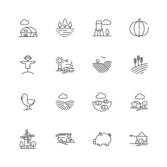 Farm icons. Agricultural objects agrarian farm fields landscape rural specific vehicle tractor vector thin line symbols. Illustration agrarian vehicle, agriculture farmland