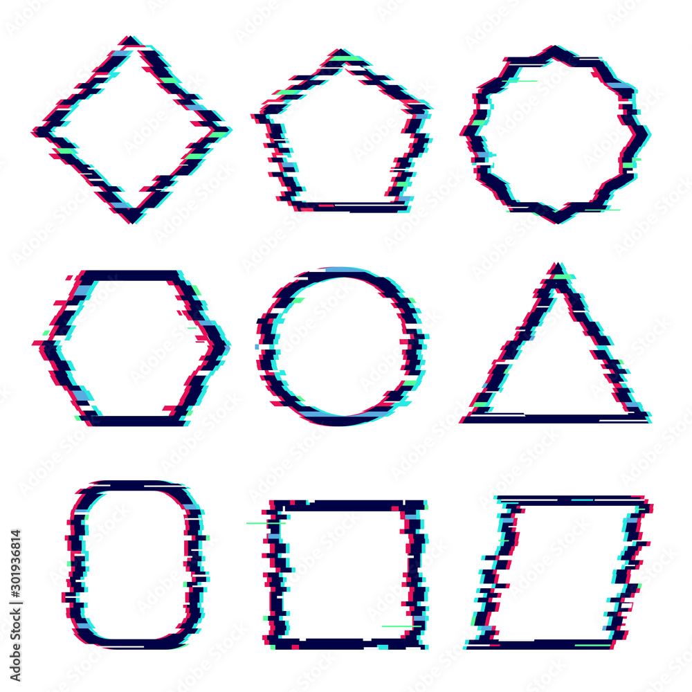 Poster glitch frames. distortion rectangular cyber effects damaged square dynamic hipster vector graphic fo