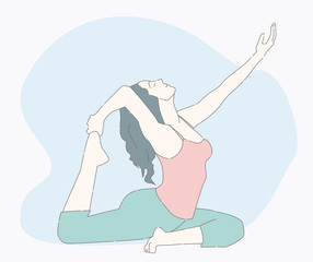 Young beautiful woman practicing yoga and gymnastic. Wellness concept. Classes in single sports. Hand drawn style vector design illustrations.